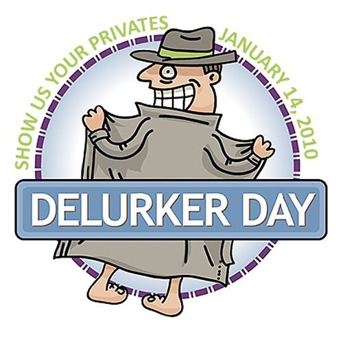 National Delurker Day icon with man in an overcoat, flashing the audience on the other side and looking back, grinning