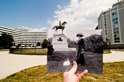 Historical pictures laid on top of present day photos